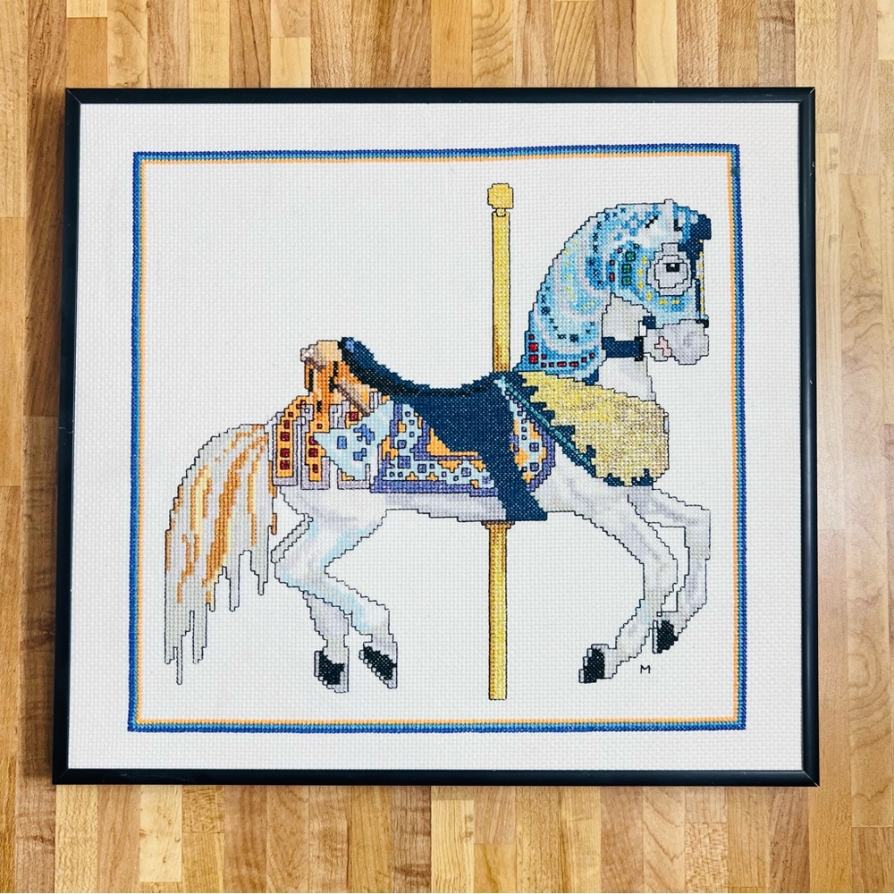Vintage Framed Carousel Horse Needlepoint Art Sparkle Embroidery MCM 70s Retro